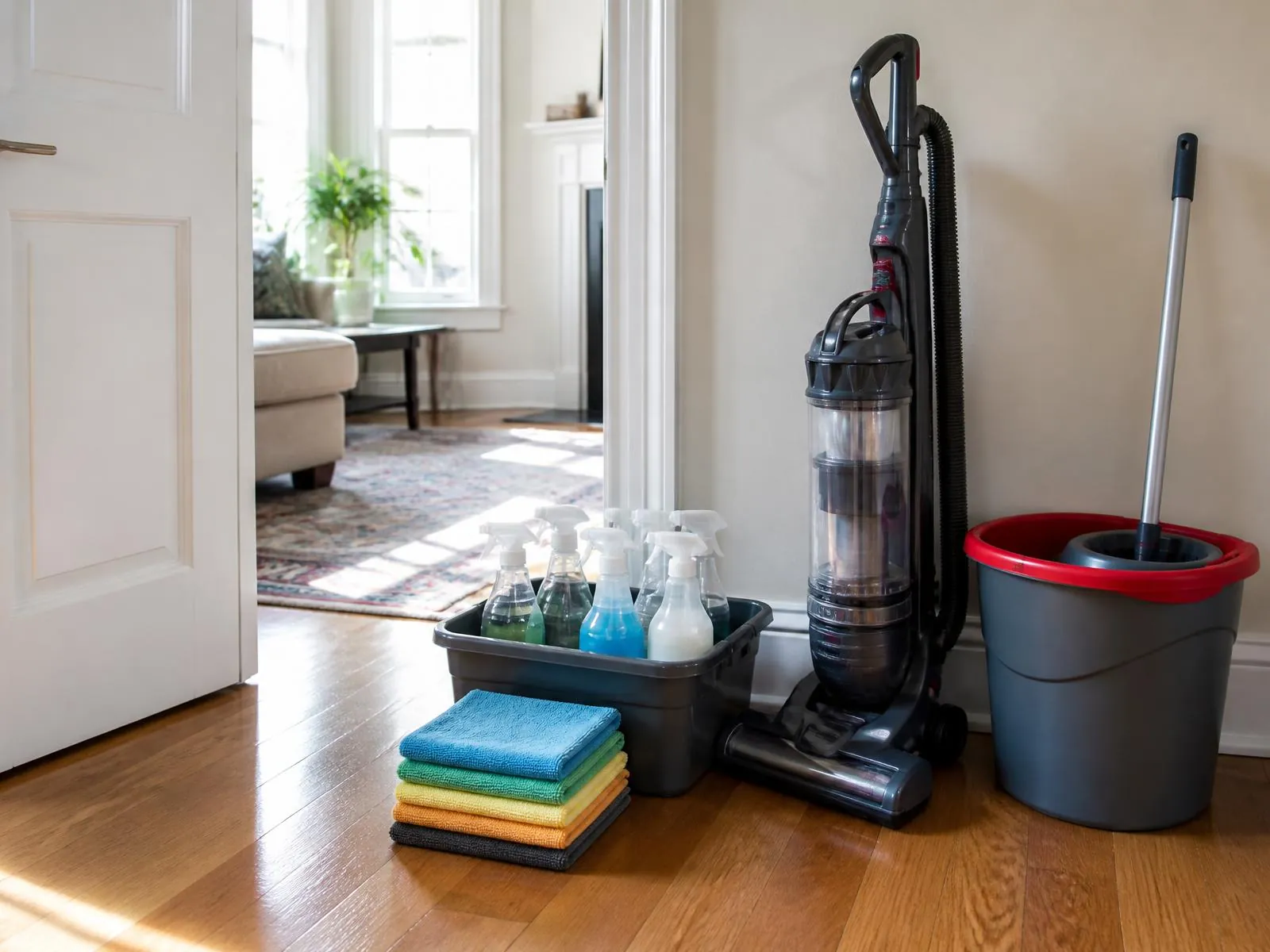 Cleaning caddy, folded microfiber cloths, vacuum and mop bucket set down neatly beside an interior doorway before a visit
