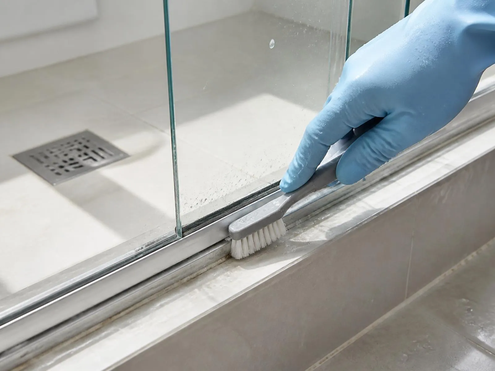 Gloved hand scrubbing the metal track at the base of a glass shower door with a detail brush