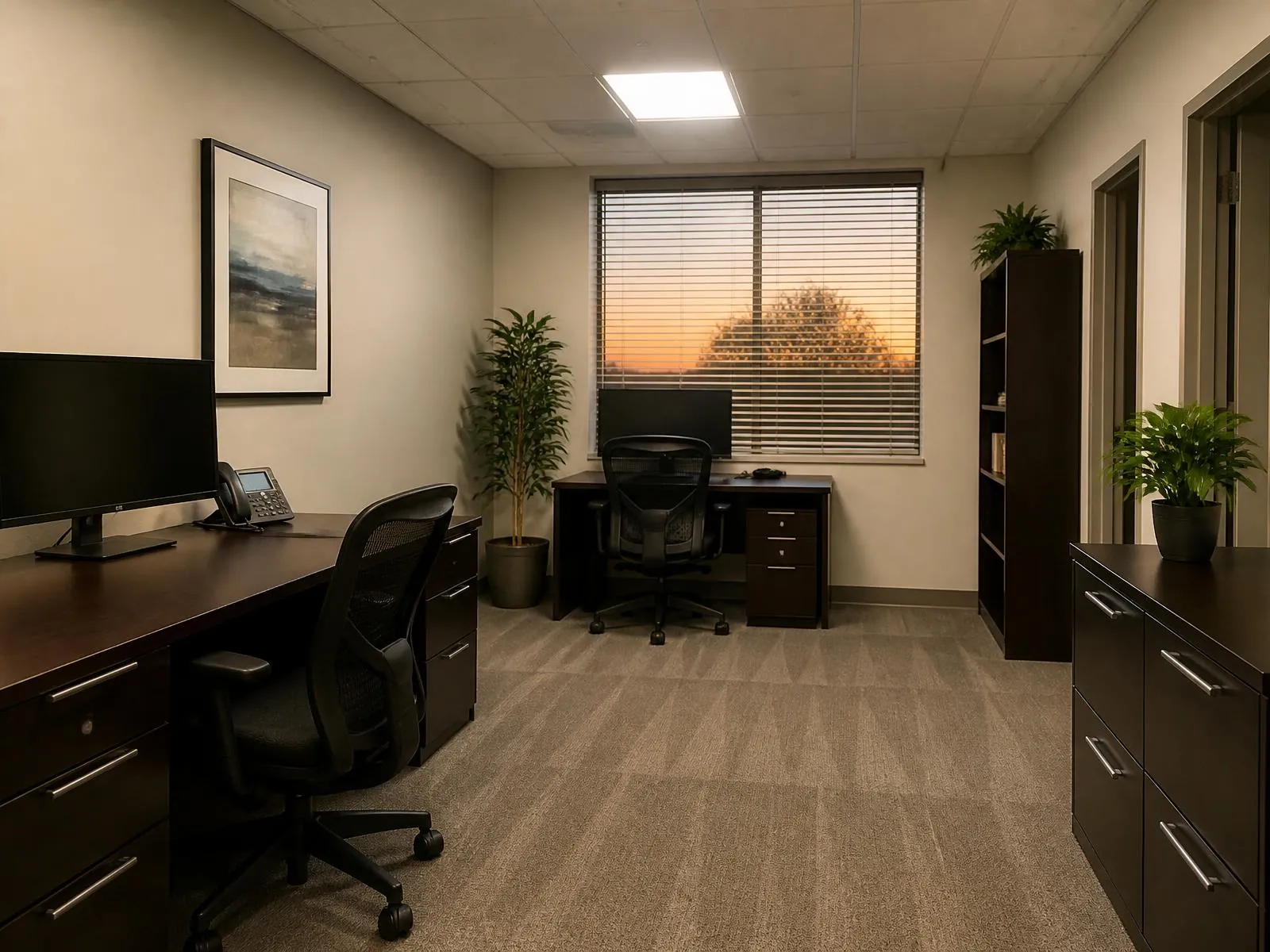 Small professional office after an evening cleaning, with clear desks, chairs pushed in and fresh vacuum lines in the carpet