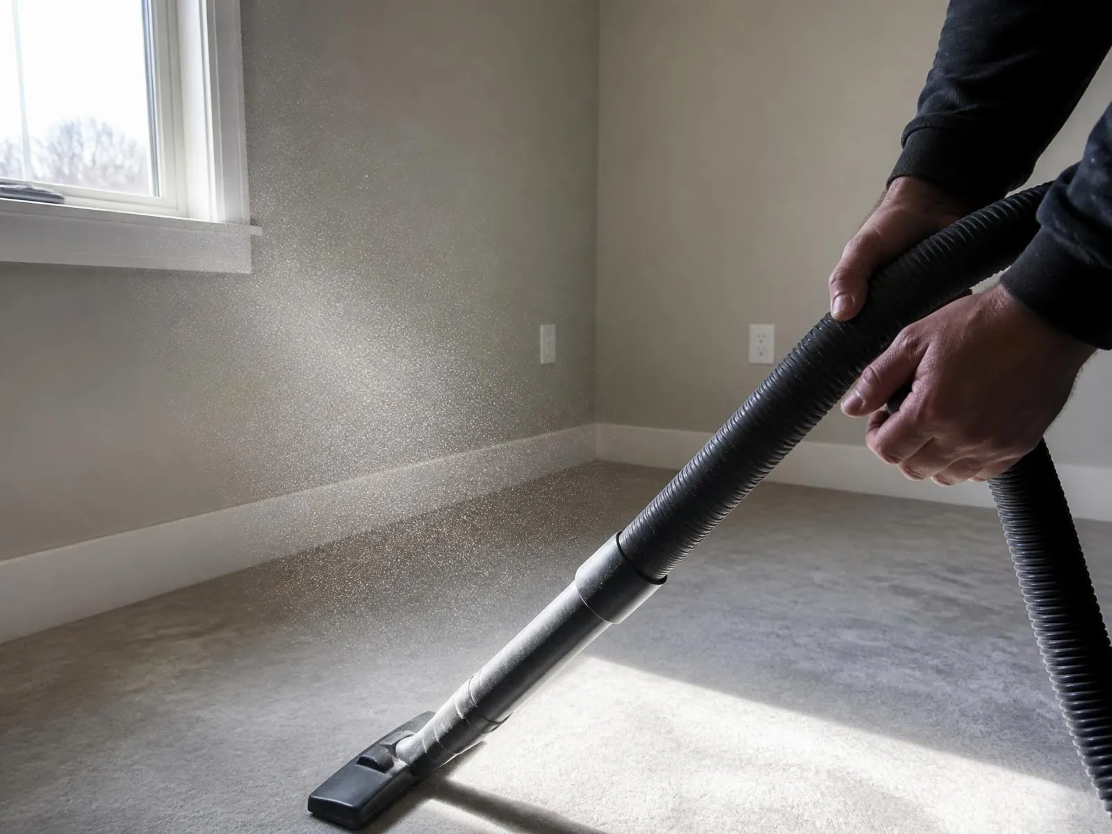 Vacuum hose held against the floor of a newly finished room, with fine drywall dust visible in the window light
