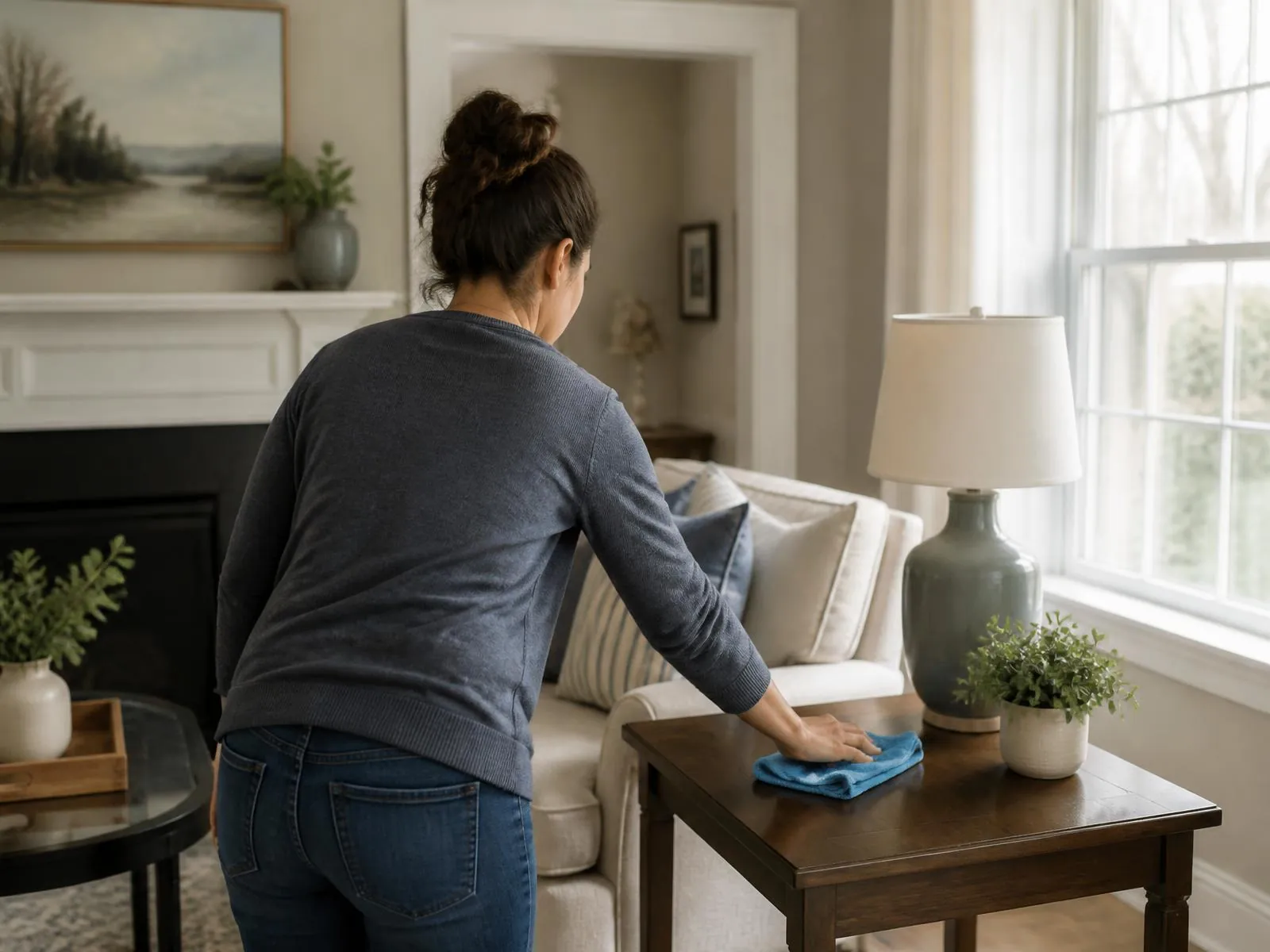 Cleaner seen from behind wiping a wooden side table with a microfiber cloth in a tidy living room